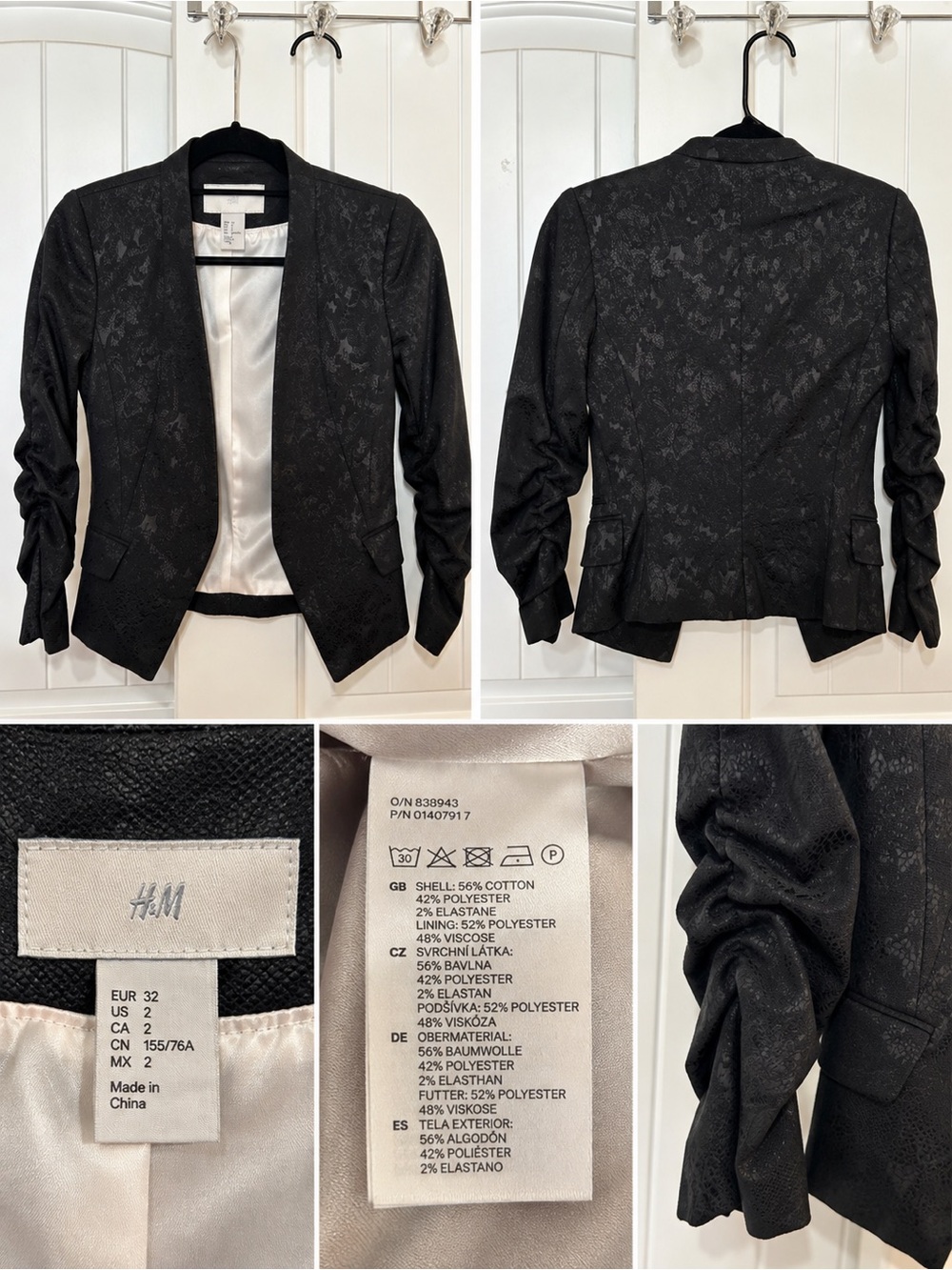 H&M Black Jacquard Ruched-Sleeve Blazer size 2
